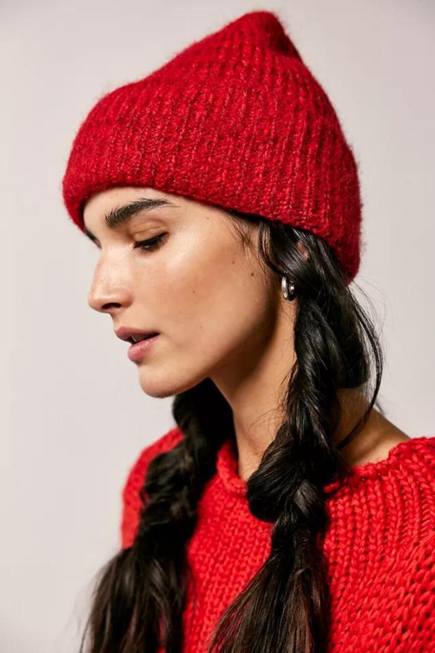 Free People Red Fuzzy Ribbed Knit Cuffed Beanie Hat NWT One Size